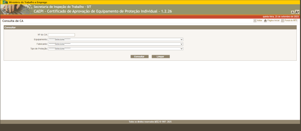 Imagem do portal oficial do MTE, ilustrando o passo a passo dencomo consultar o CA EPI.