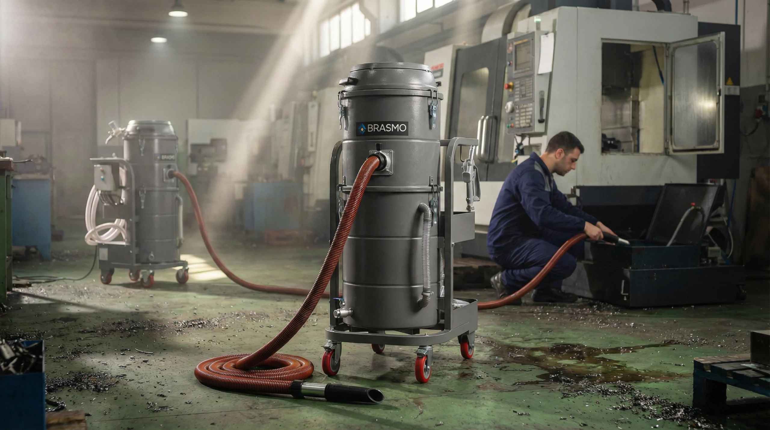 funcionário da brasmo usando um aspirador de pó industrial potente